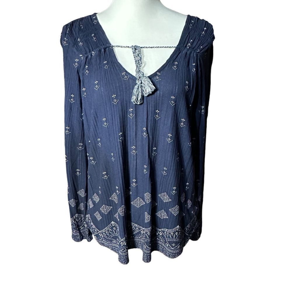 Lucky Brand Blue Tassel Diamond Print  Peasant Blouse Sz Medium